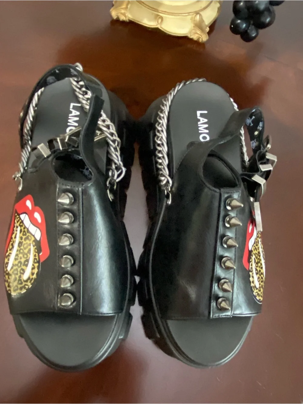 MODA Black Platform Chain Sandals with Stud & Leopard Tongue Graphic